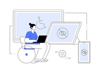 Wheelchair user working on a laptop surrounded by devices displaying digital accessibility symbols