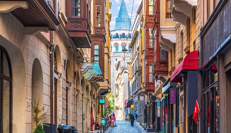 Galata Tower in Istanbul, Turkey view from the narrow street