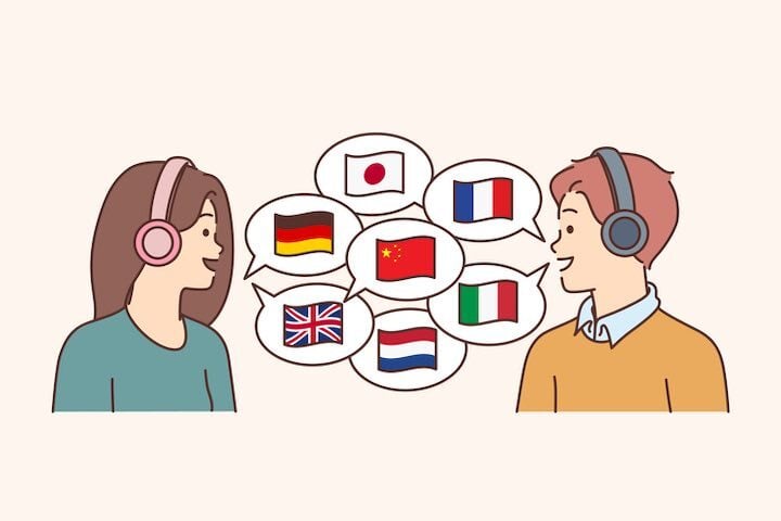 Two people wearing headsets communicate with speech bubbles showing multiple country flags