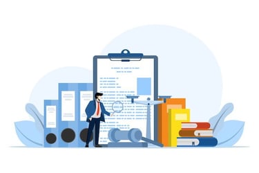 Professional reviewing detailed transcript document with files, books, and magnifier, representing secure transcription and compliance processes