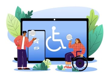 Illustration of people with disabilities using accessible digital technology across multiple devices