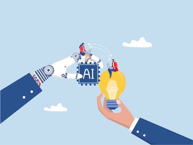 cartoon of a robot hand meeting a human hand to represent AI and human translations