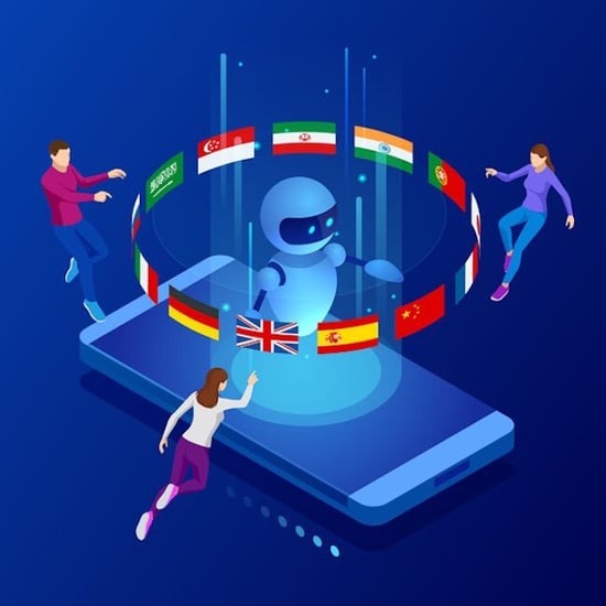 AI robot translating global languages with people interacting through technology