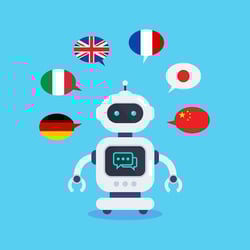 cartoon robot surrounded by speech bubbles of flags to represent ai language translation