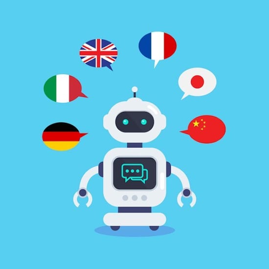 cartoon robot surrounded by speech bubbles of flags to represent ai language translation