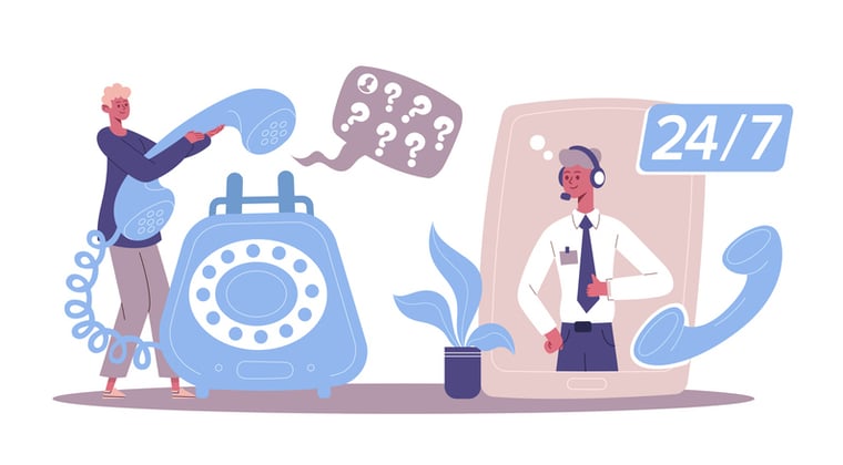 cartoon of man answering giant phone and tablet showing an interpreter on the other line.
