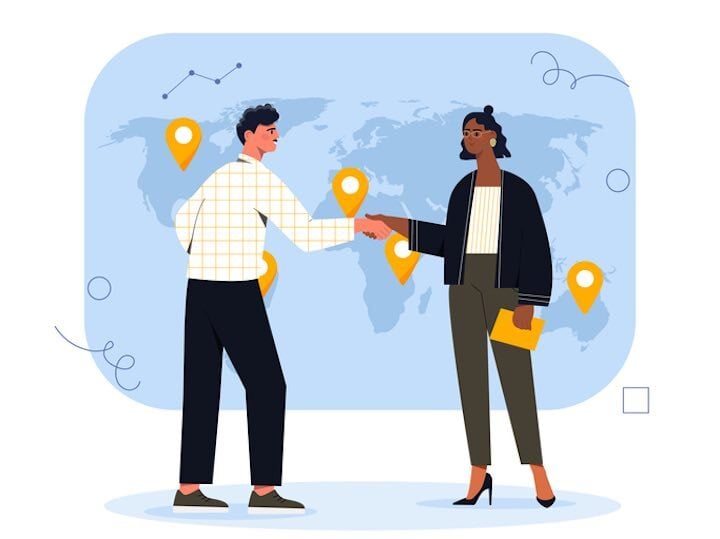 illustration of two people shaking hands in front of map of the globe 