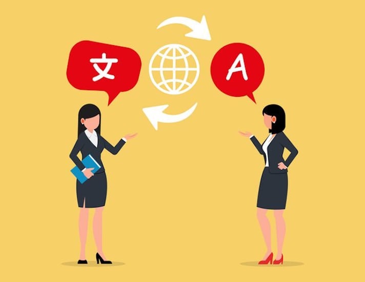 Two government professionals communicate across languages using translation symbols and global communication tools