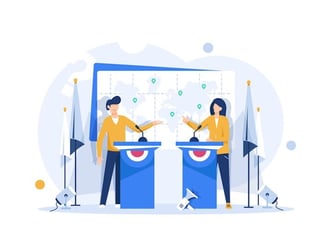 Illustration of government officials presenting multilingual information