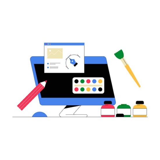 Illustration of graphic design tools on computer screen, representing market localization
