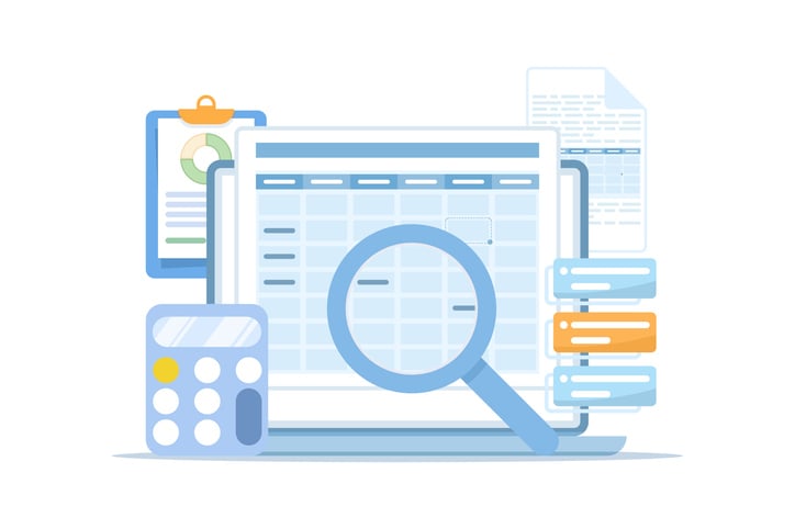 Illustration of translation quote costs being reviewed with a spreadsheet, calculator and magnifying glass.