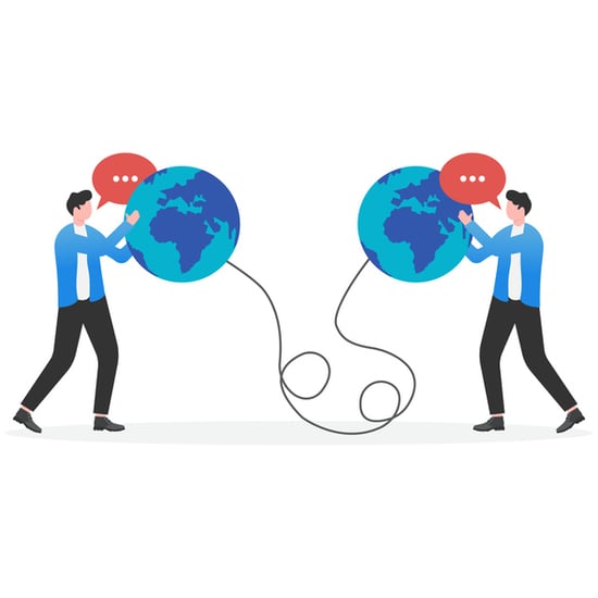 Illustration of two people holding globe-shaped speech bubbles connected by a cord, representing global communication
