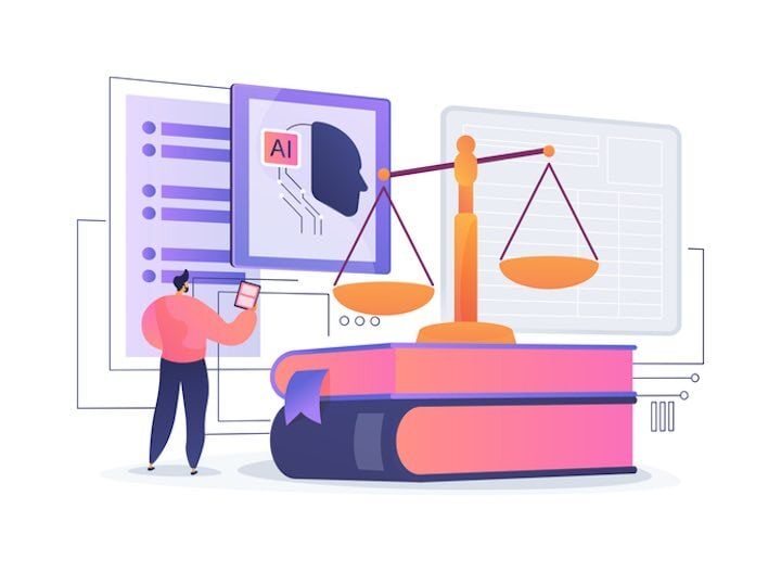 Illustration of a legal book, scales of justice, and AI profile symbolizing AI translation in legal services.