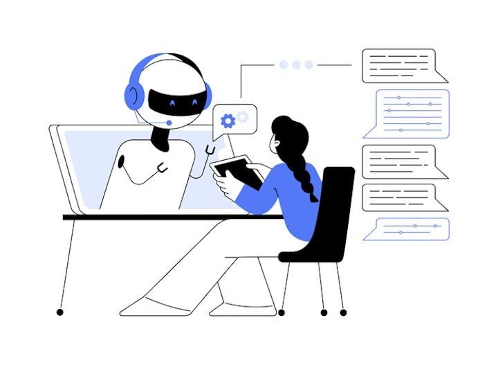 Illustration of a woman using a multilingual AI chatbot on a tablet