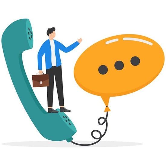 illustration of man standing on phone with speech bubble coming out of receiver.