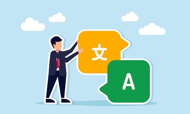 cartoon businessman connects speech bubbles with Chinese and English letters