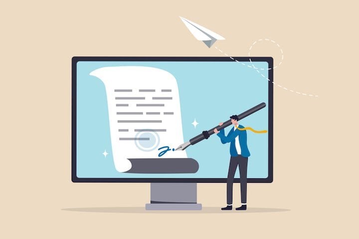 illustration of man signing a document through a computer