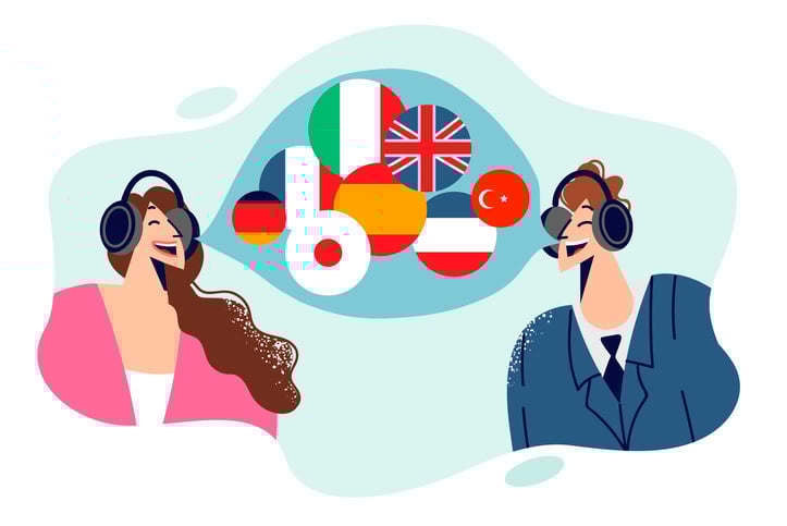 two cartoon people talking with speech bubbles showing various world flags representing language interpretation