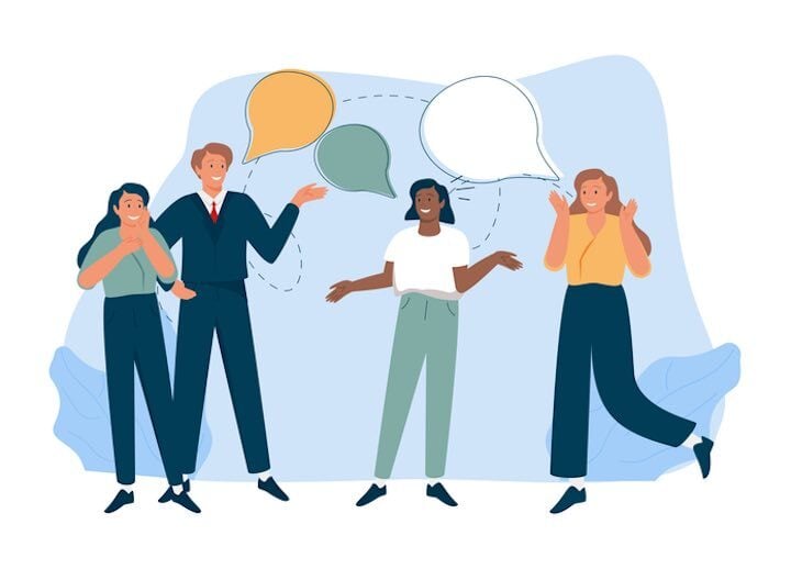 People exchanging speech bubbles representing multilingual communication and transcreation across cultures in global marketing.