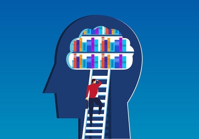 cartoon of man climbing ladder into a silhouette of head with books inside representing translation memory 