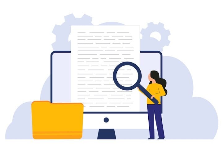 Person reviewing a document with magnifying glass to check readability