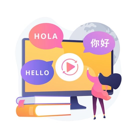 Illustration of video localization with multilingual speech bubbles around screen