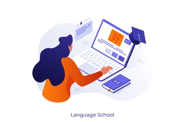 illustration of woman at computer with translated content on the screen.