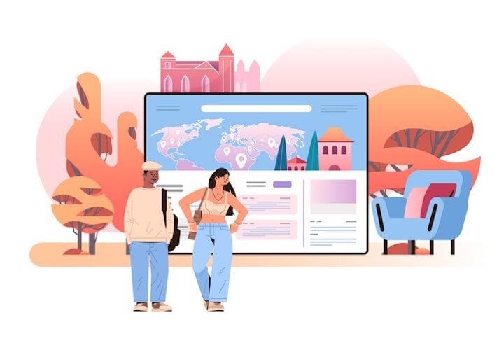 Website localization illustrated with multilingual users viewing a globalized website interface