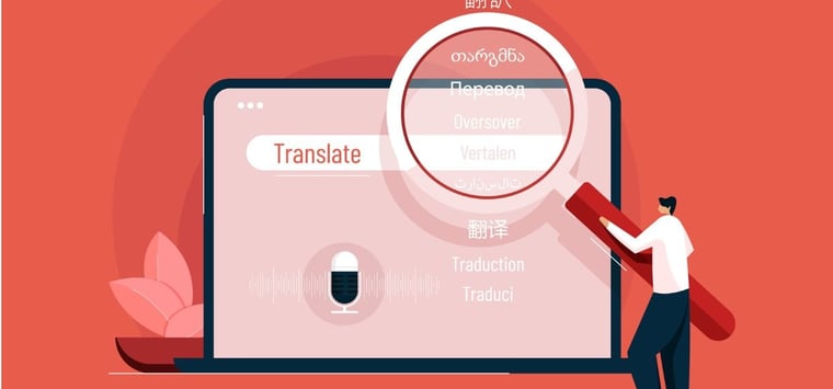 cartoon man with magnifying glass hovering over website translation search bar