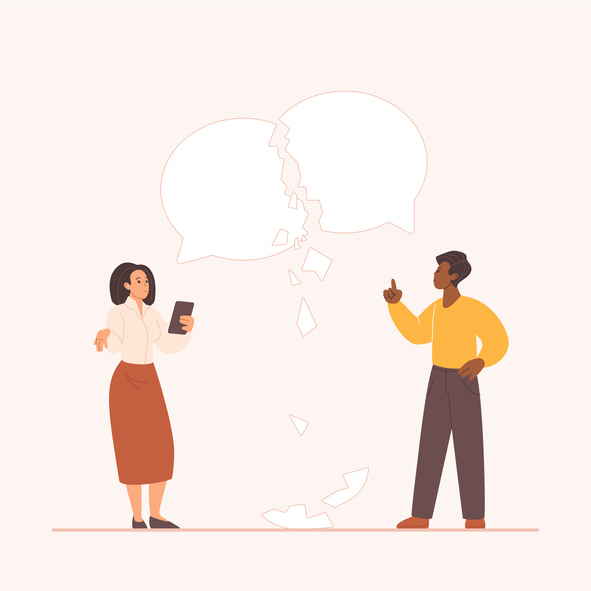 cartoon people with broken speech bubbles indicating poor communication