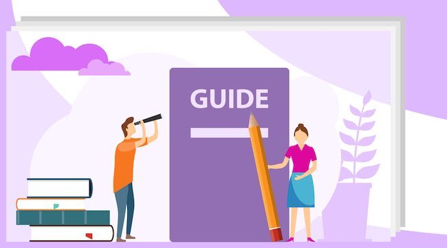 illustration of two people standing next to a giant book titled "style guide"