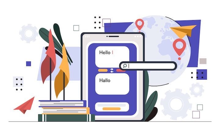 Mobile translation app with global icons, flags, and gears representing localization and cultural adaptation.