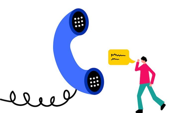cartoon of a man talking into an oversize phone in unintelligible language representing over the phone interpretation