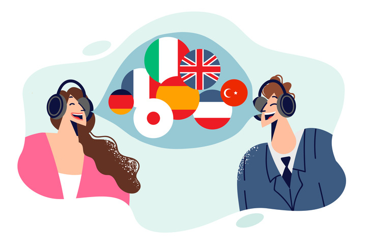 two cartoon people talking with speech bubbles showing various world flags representing language interpretation