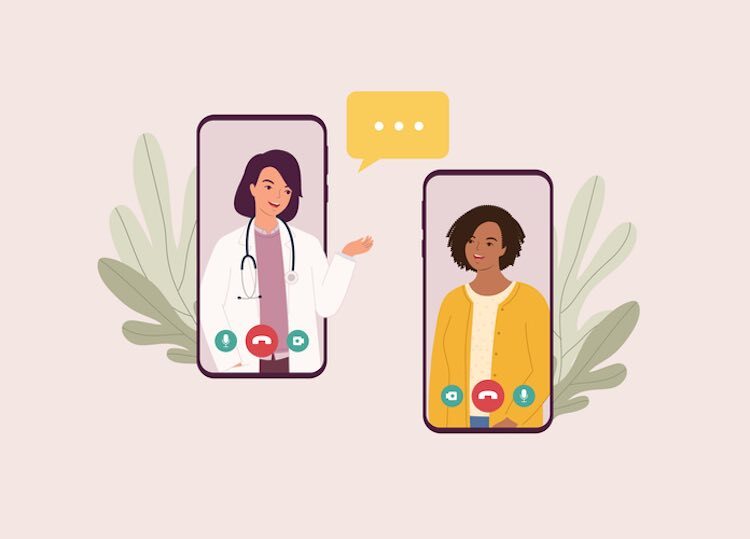 illustration of two phones facing each other. One has a doctor and the other has a patient showcasing advances in telehealth