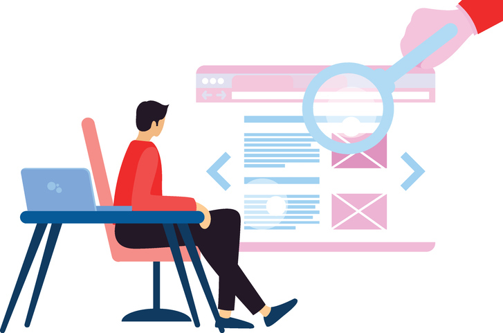 cartoon of man at desk looking at blown up web page symbolizing accuracy in translations